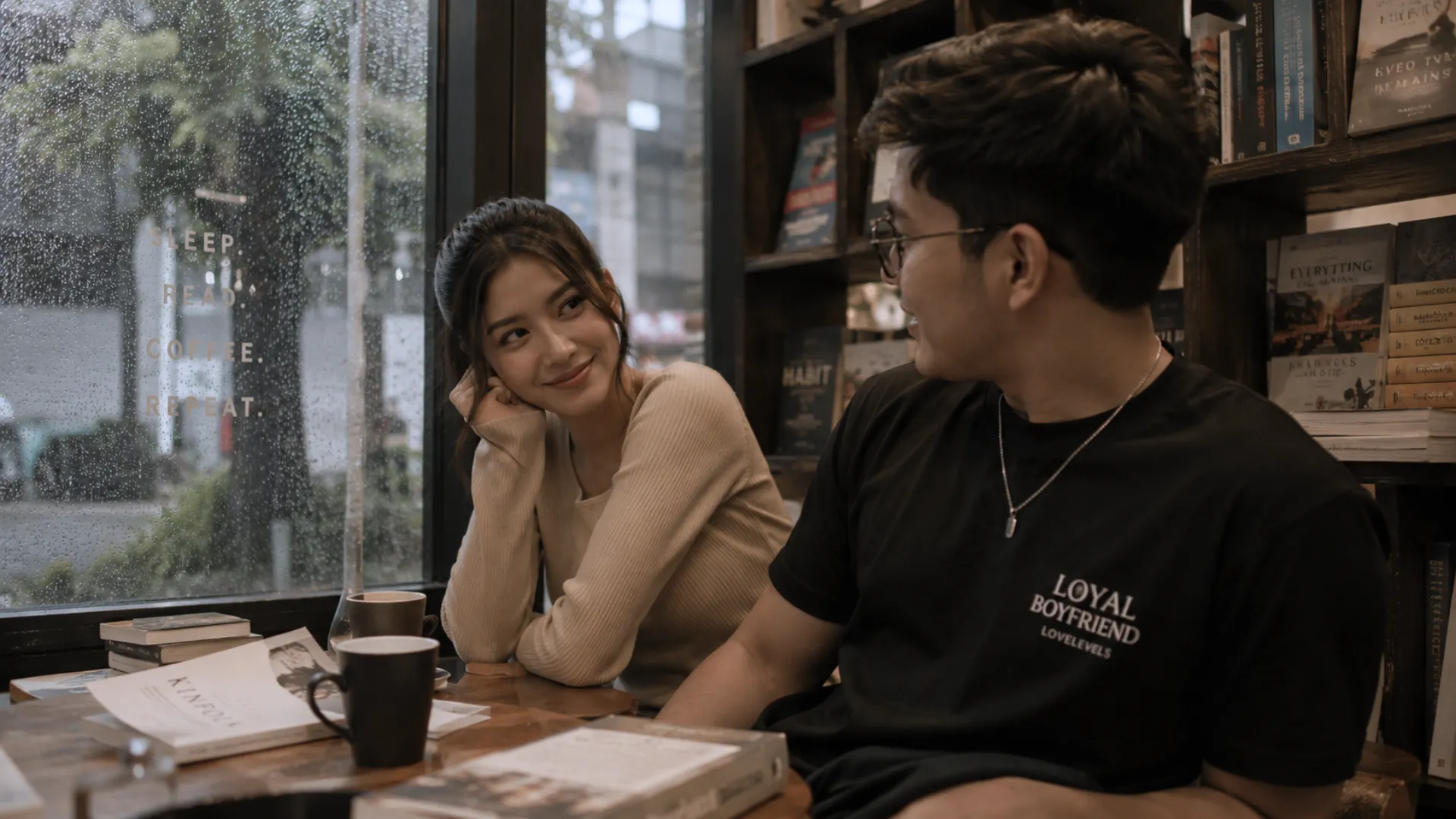 A Filipino couple during a cozy bookstore café date with a loyal boyfriend shirt_wp