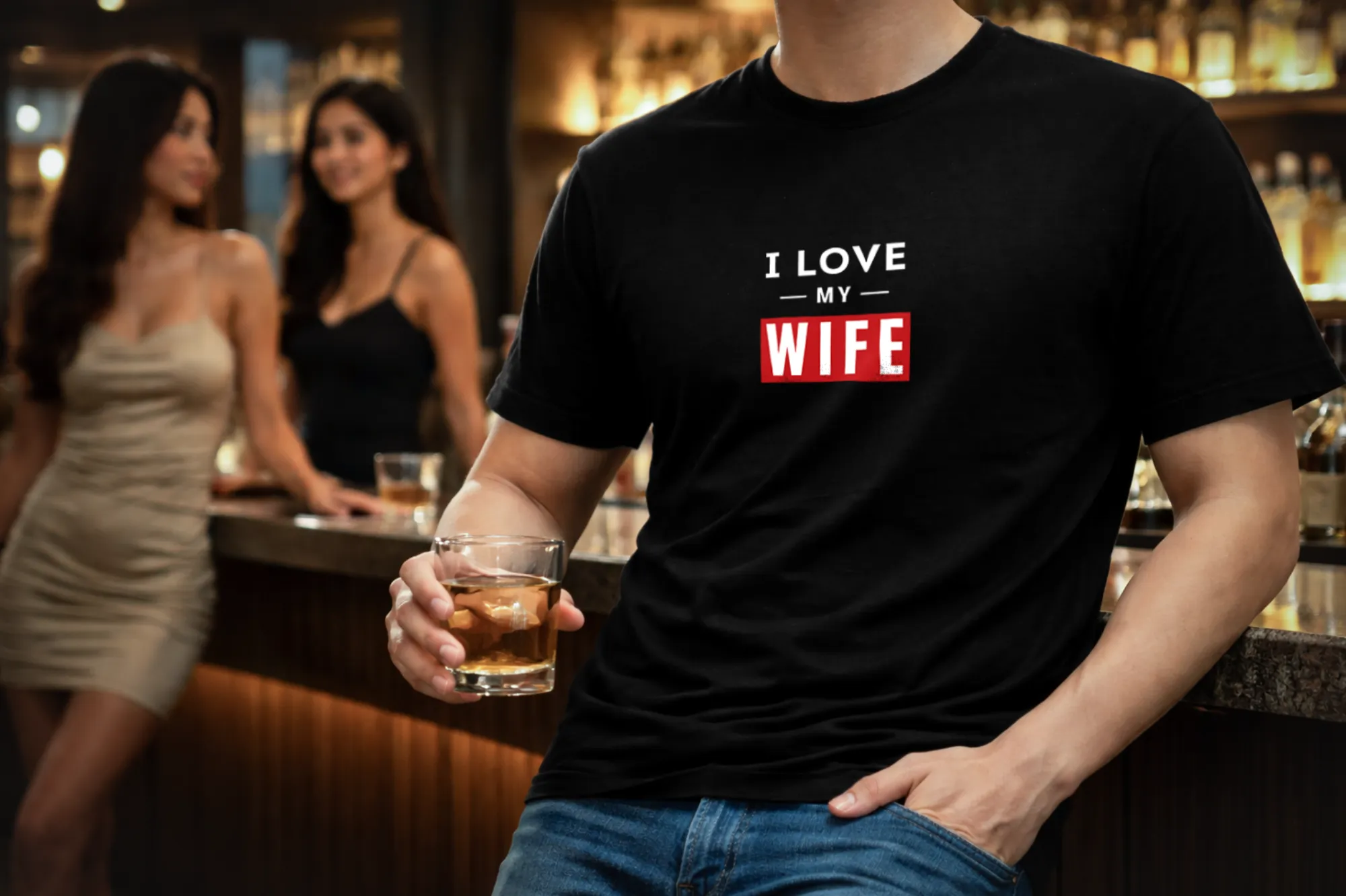 Black I LOVE MY WIFE shirt displayed with multiple neutral shirt color options