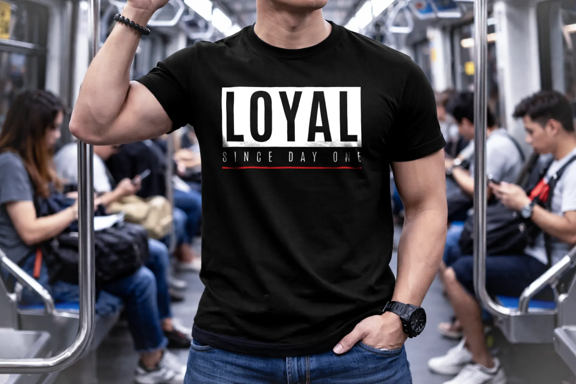 Casual indoor lifestyle photo of Loyal Since Day One black shirt Casual indoor lifestyle photo of Loyal Since Day One black shirt