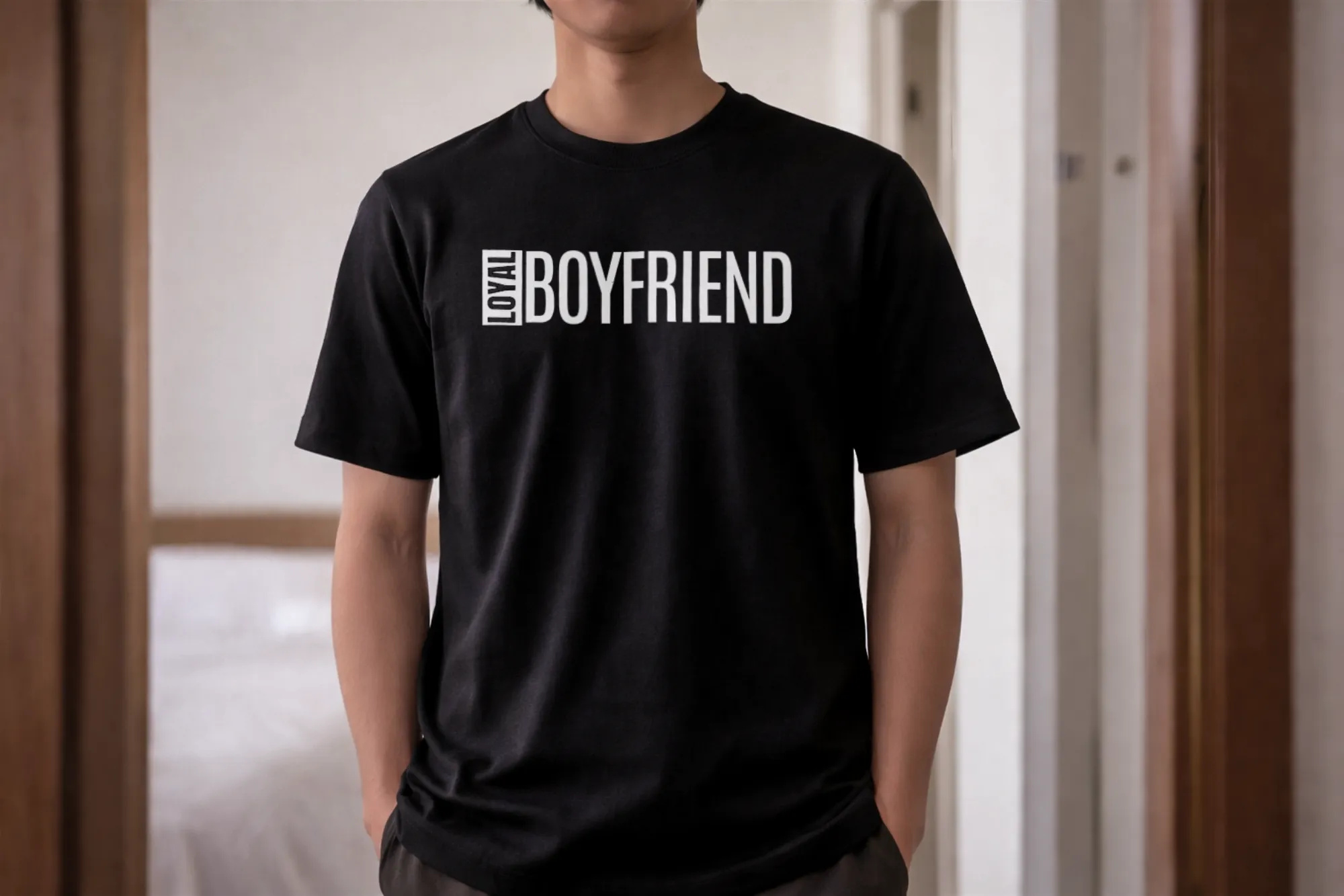 Clean front mockup of minimalist black Loyal Boyfriend t-shirt