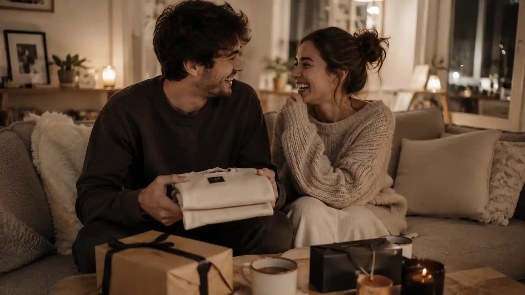 Couple enjoying a thoughtful interactive relationship gift at home
