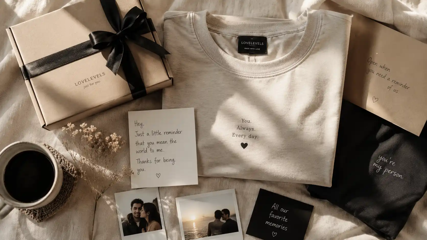 Cute personalized gifts for him arranged in a cozy romantic flat lay wp
