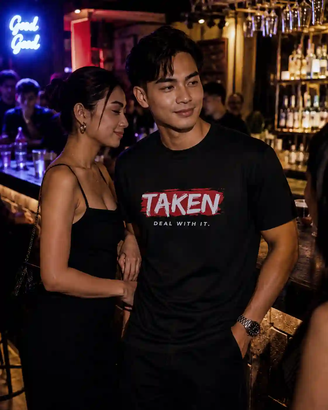 Filipino couple at a bar wearing Taken LoveLevels shirt WP Filipino couple at a bar wearing Taken LoveLevels shirt WP