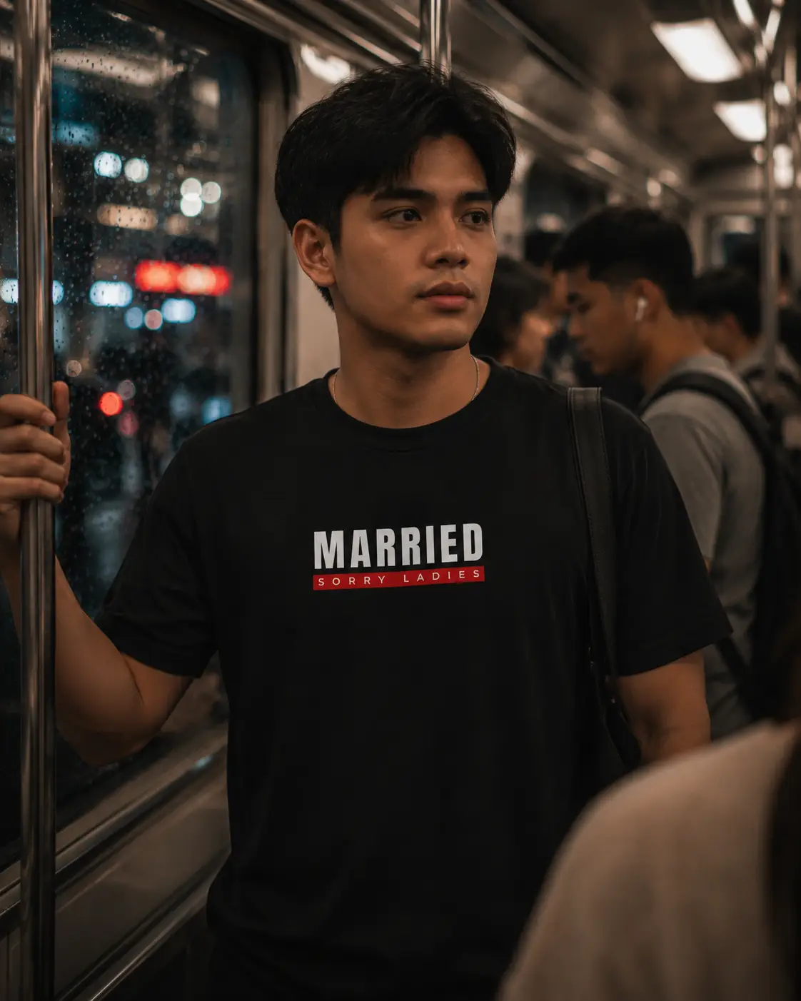 Filipino man wearing a “Married Sorry Ladies” shirt during a rainy night train commute.