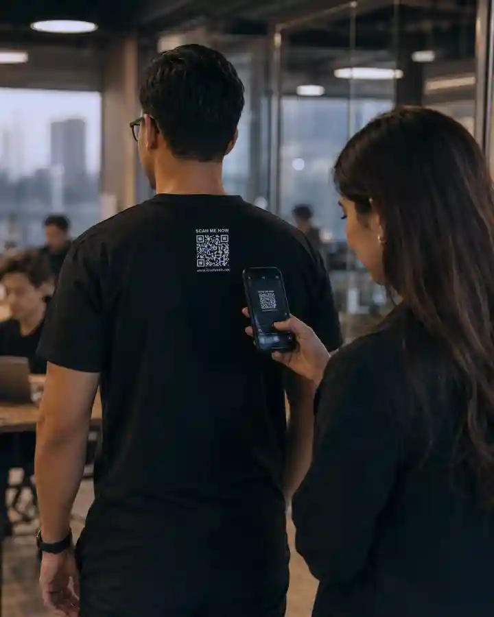 Filipino man wearing a black LoveLevels QR shirt in a modern Manila office WP Filipino man wearing a black LoveLevels QR shirt in a modern Manila office WP