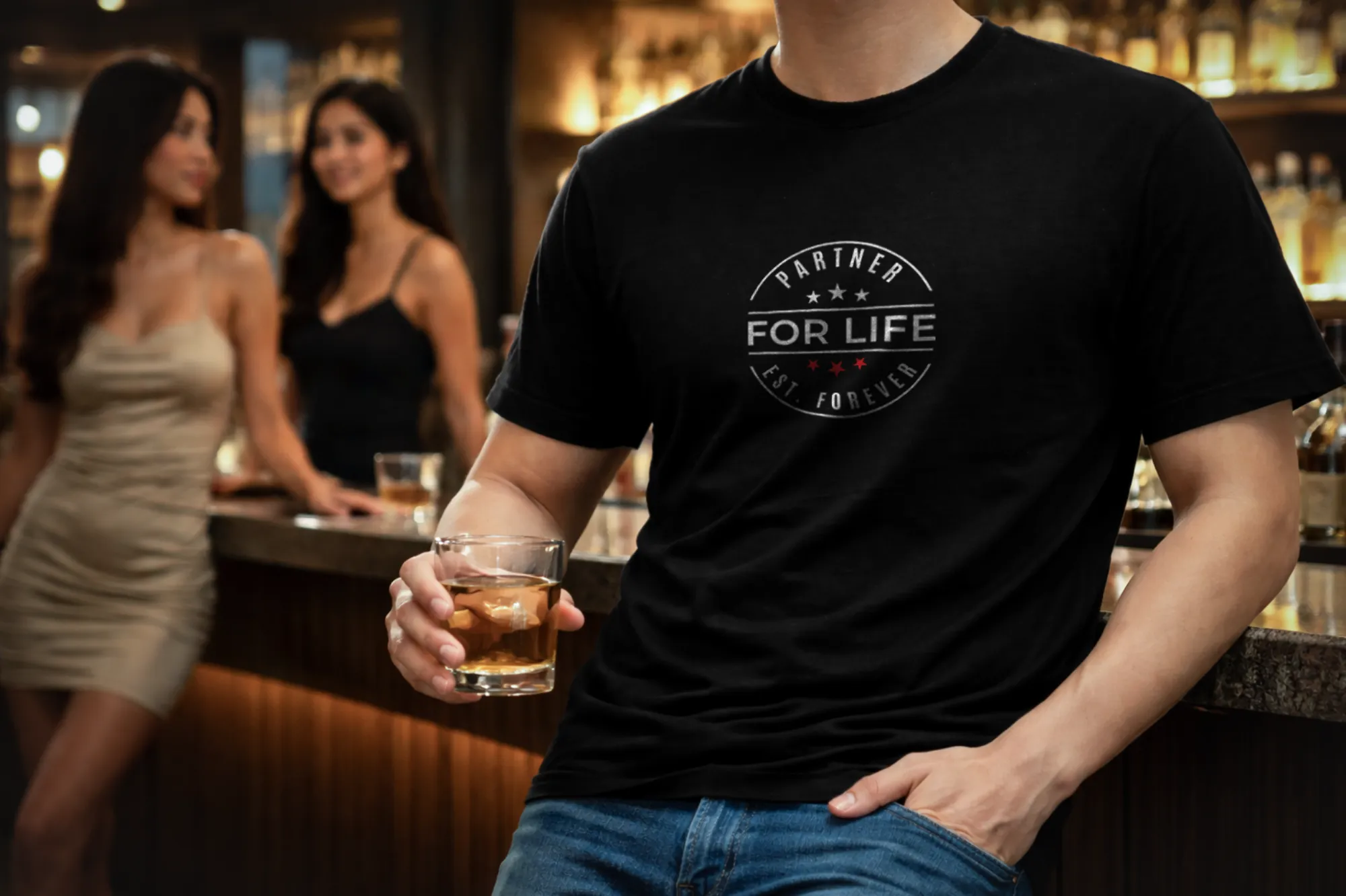 Flat front mockup of Partner For Life black shirt
