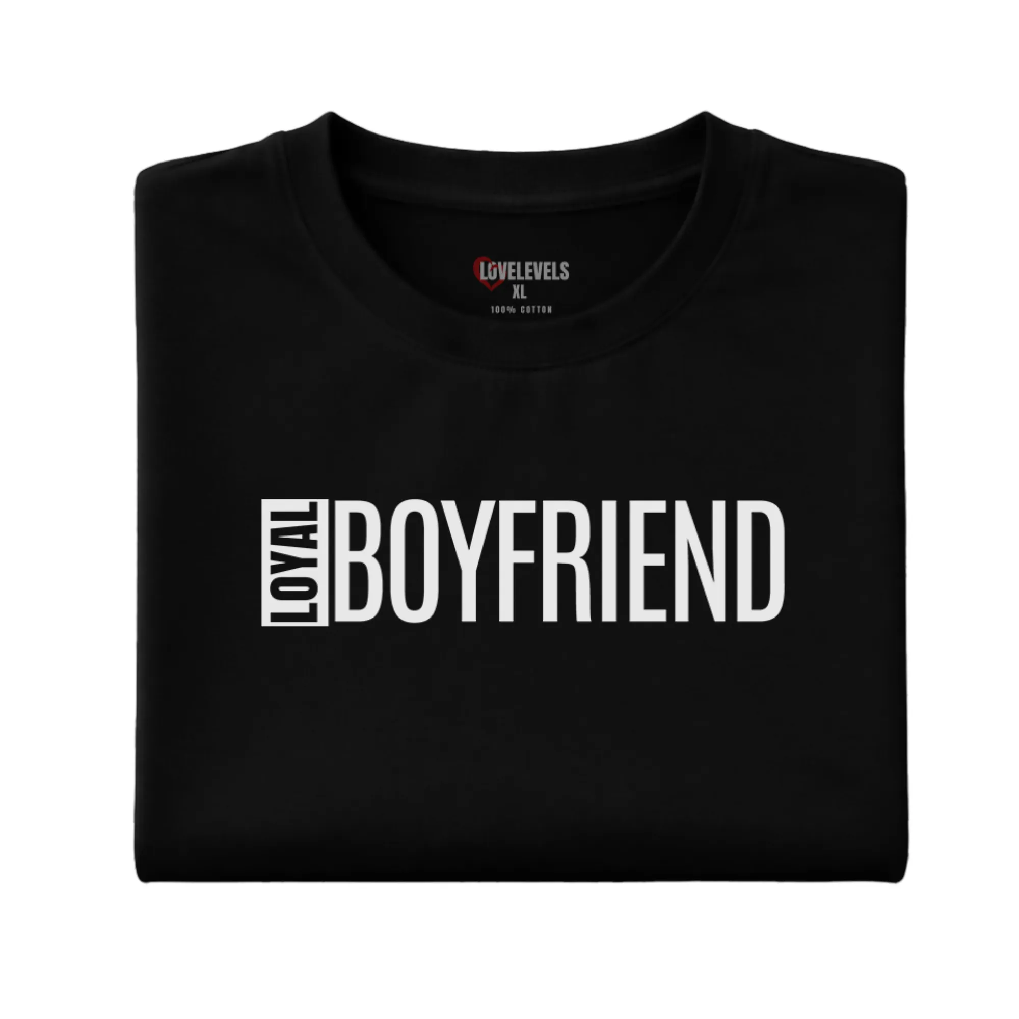 Folded Loyal Boyfriend shirt with premium LoveLevels packaging setup