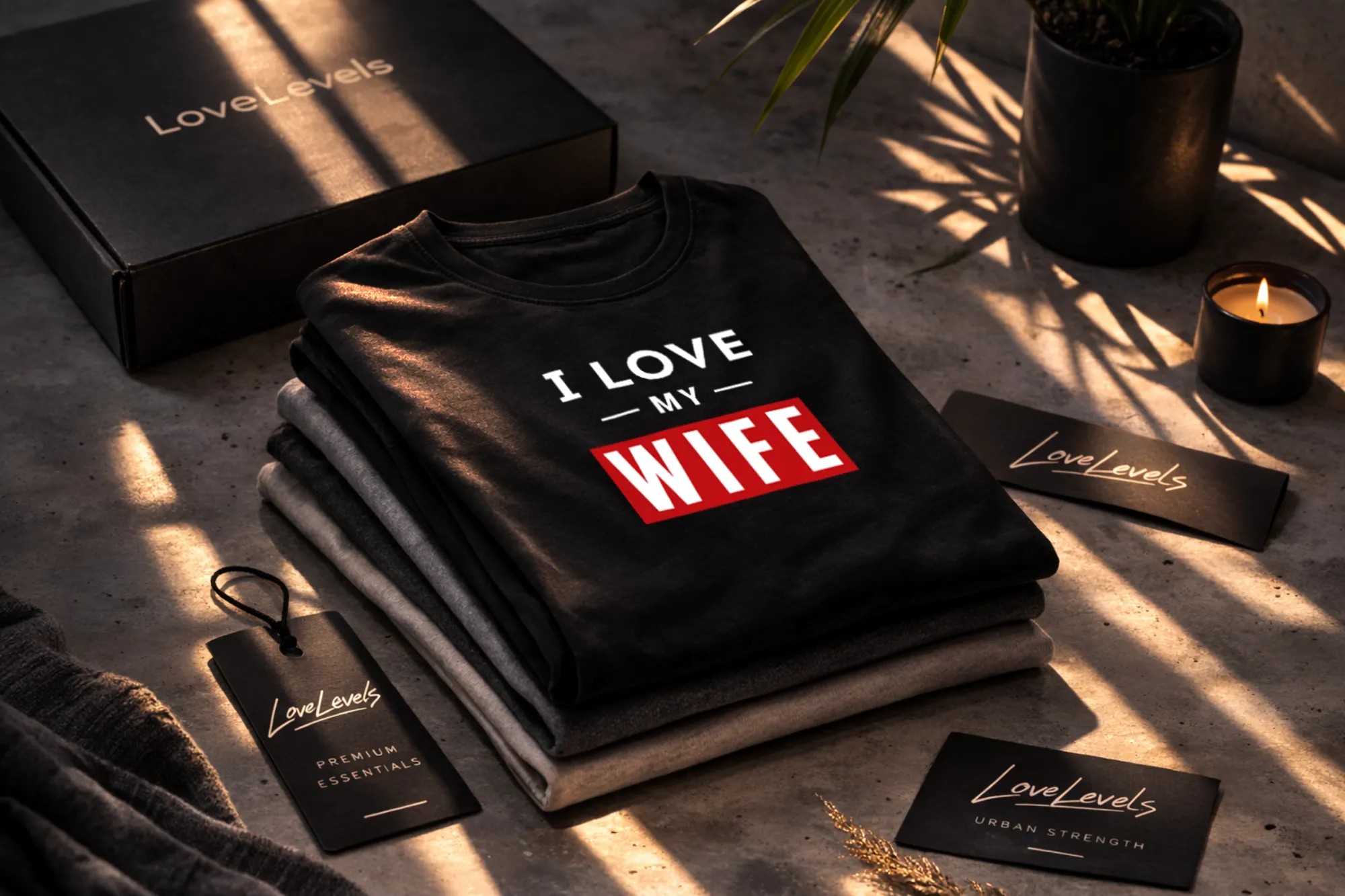 Folded stack mockup of black I LOVE MY WIFE relationship shirt