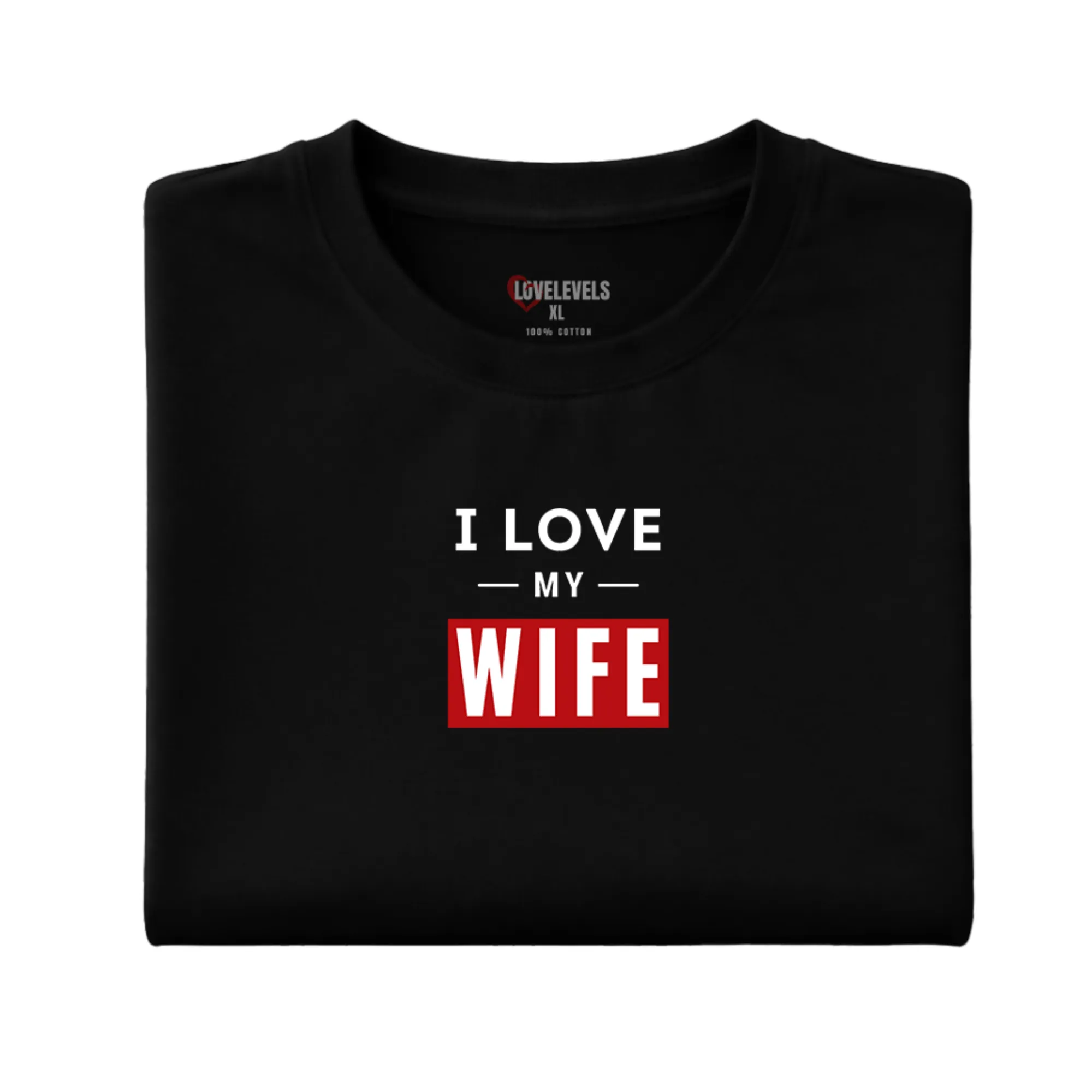 Front flat lay mockup of black I LOVE MY WIFE minimalist relationship t-shirt