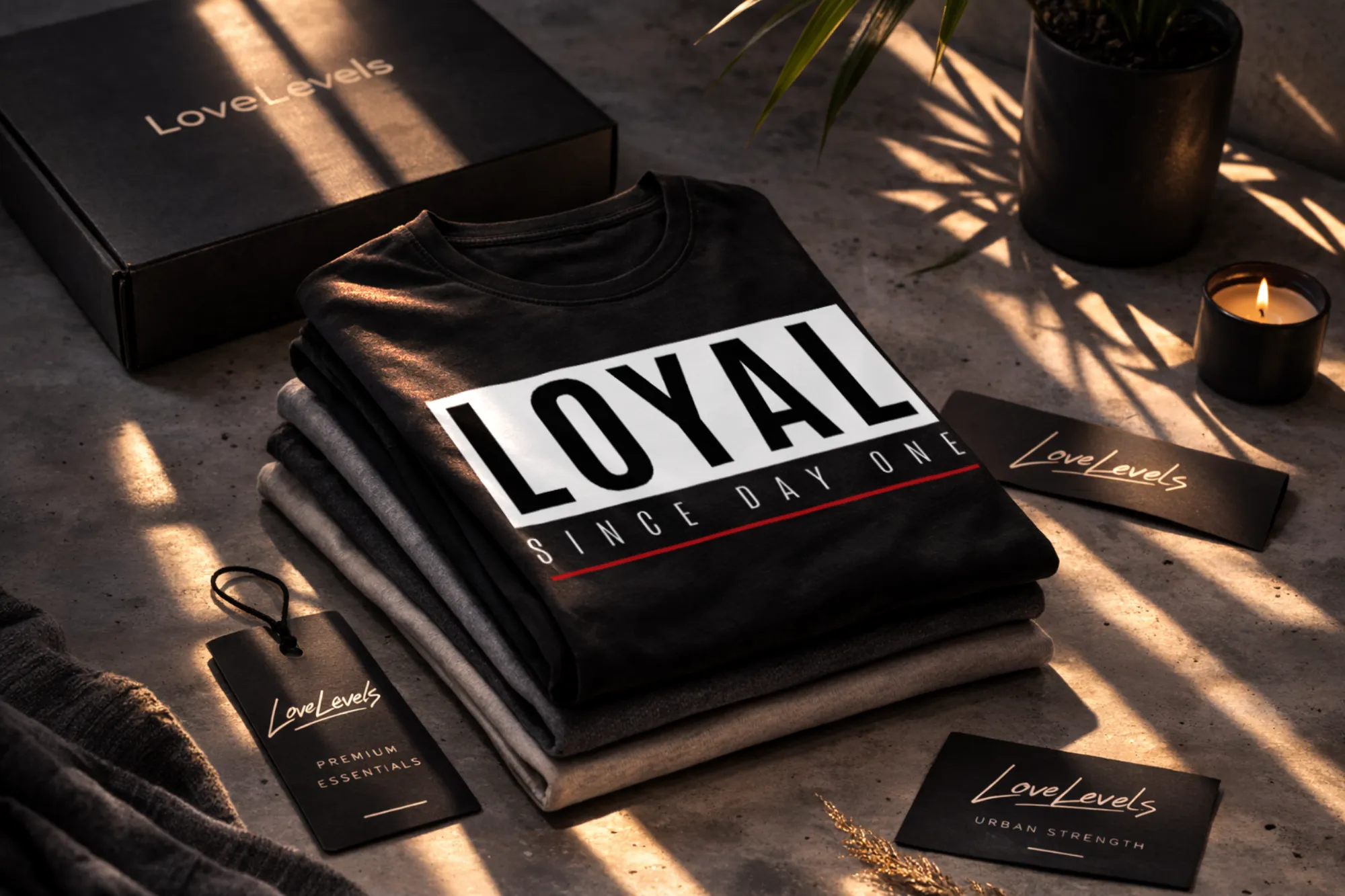 Loyal Since Day One black shirt with premium LoveLevels packaging Loyal Since Day One black shirt with premium LoveLevels packaging