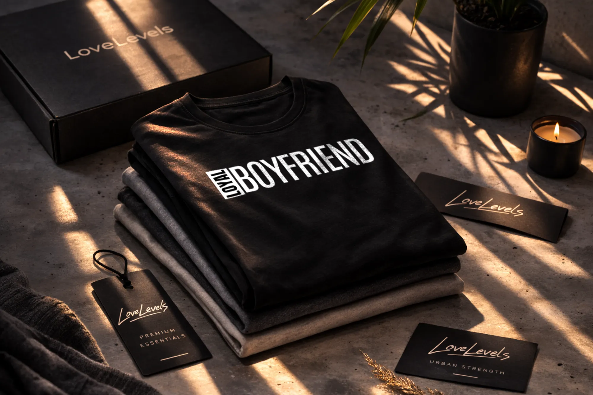 Man walking in mall wearing black Loyal Boyfriend relationship shirt