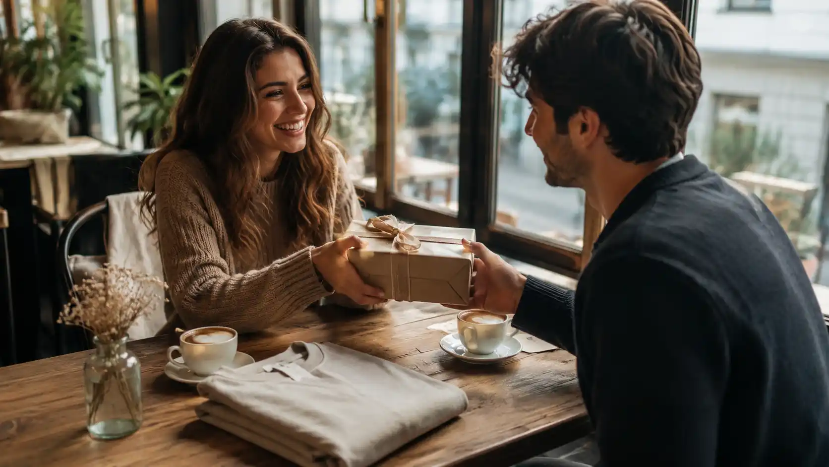 Modern couple exchanging thoughtful QR code gifts during a cozy café date