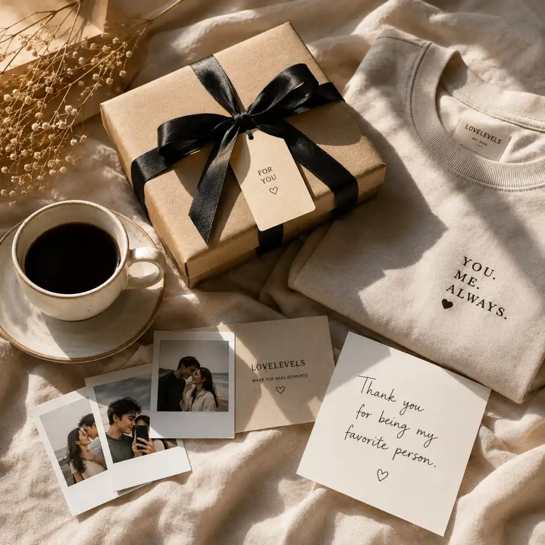 Personalized boyfriend gifts arranged in a cozy romantic flat lay wp