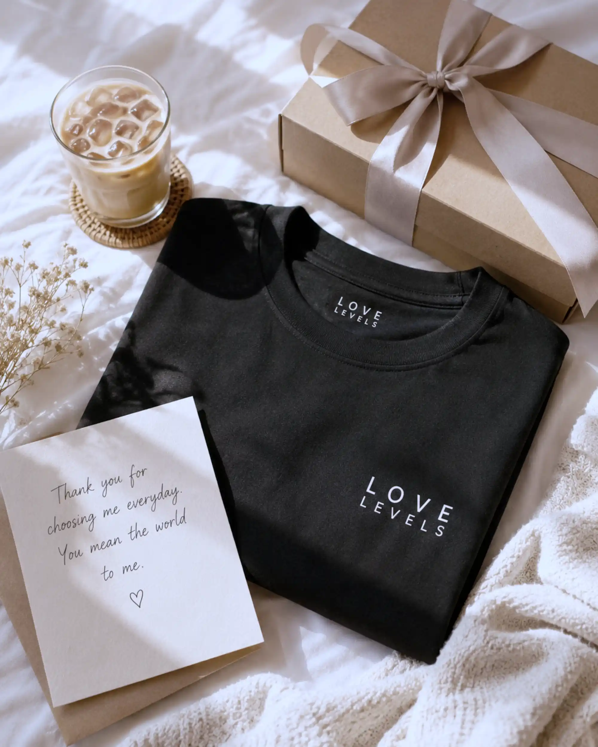 Personalized couple gift setup with relationship shirt and handwritten note_wp
