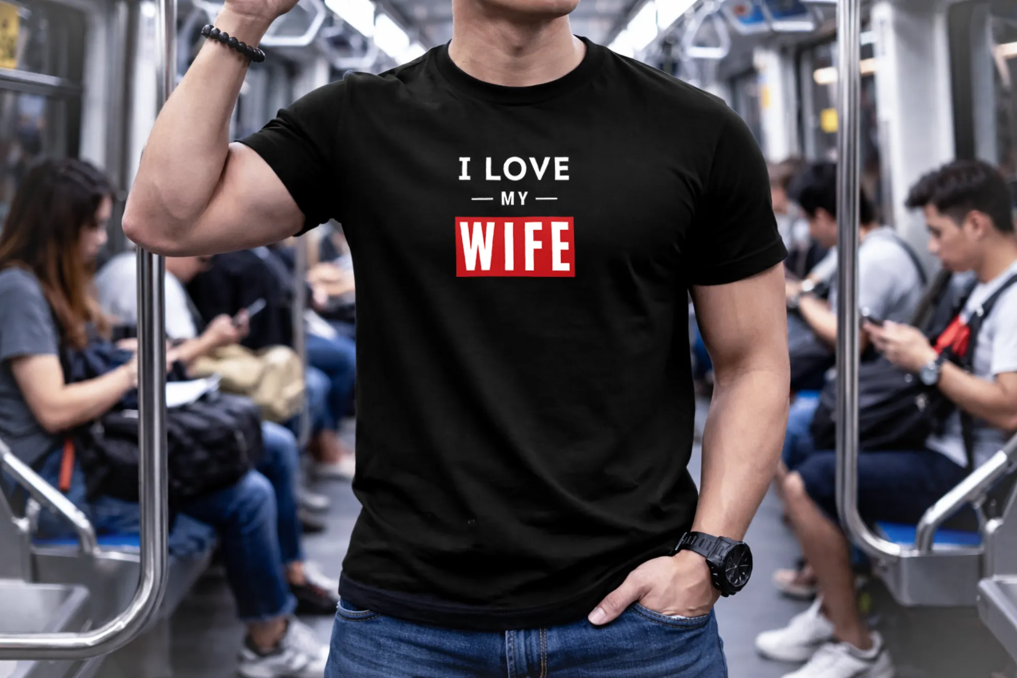 Premium packaged black I LOVE MY WIFE relationship shirt with LoveLevels branding