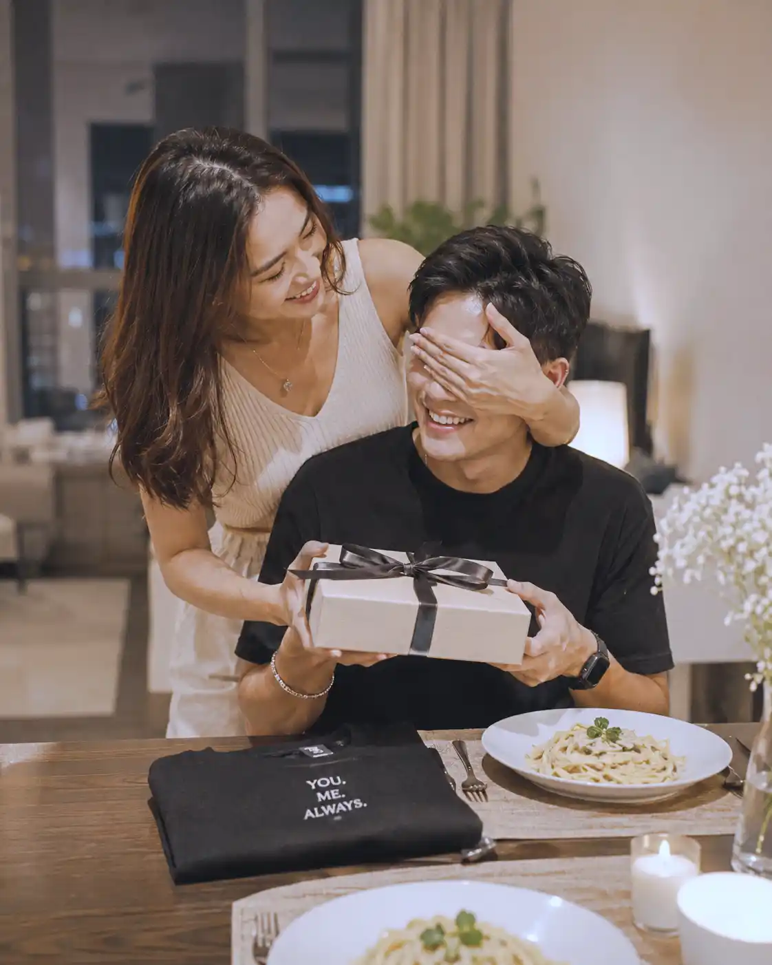 Thoughtful birthday gift for husband during a cozy romantic dinner at home