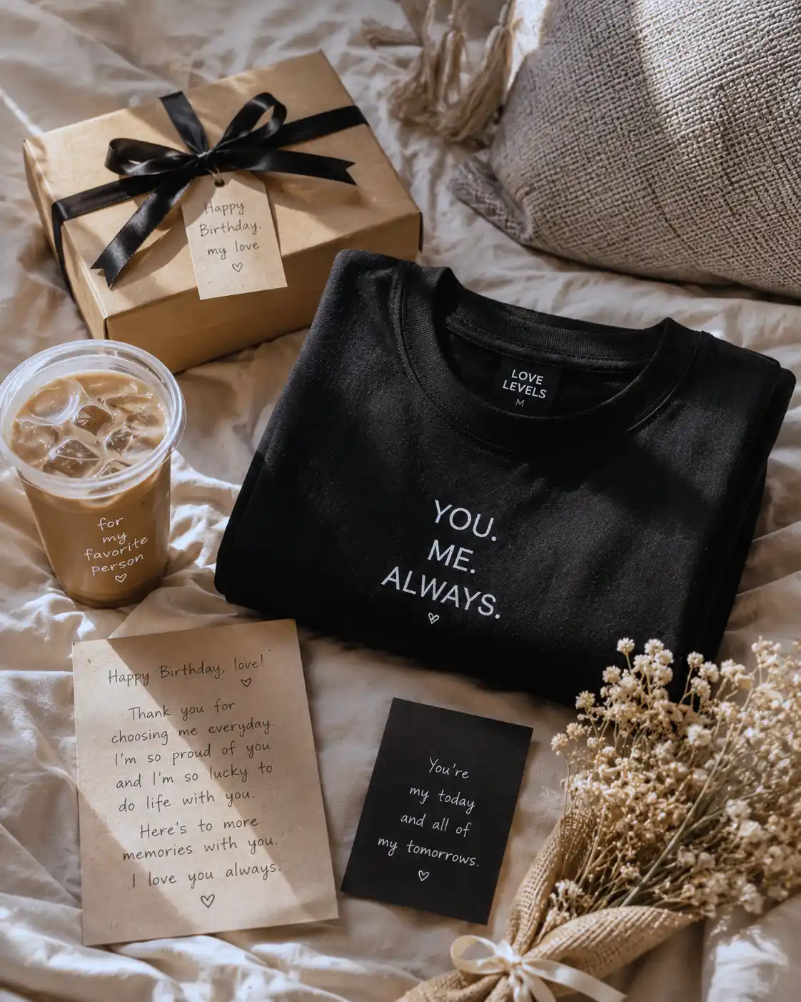 Thoughtful birthday gifts for husband styled in a cozy romantic setup