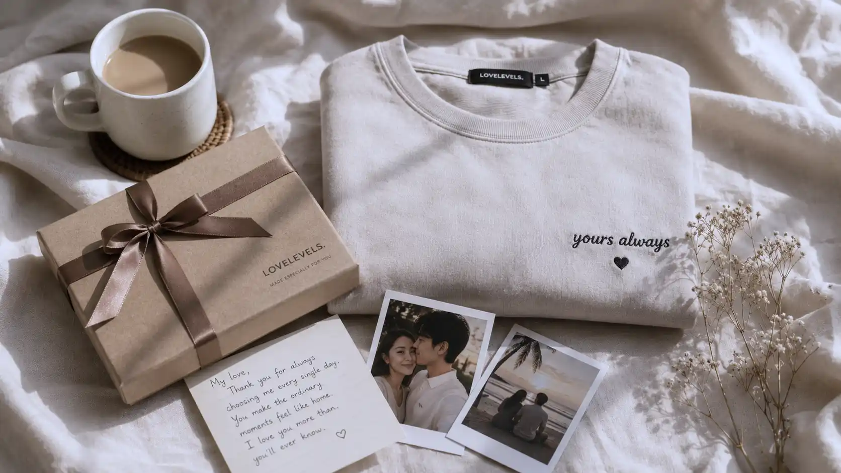 Custom gifts for boyfriend arranged in a warm romantic flat lay