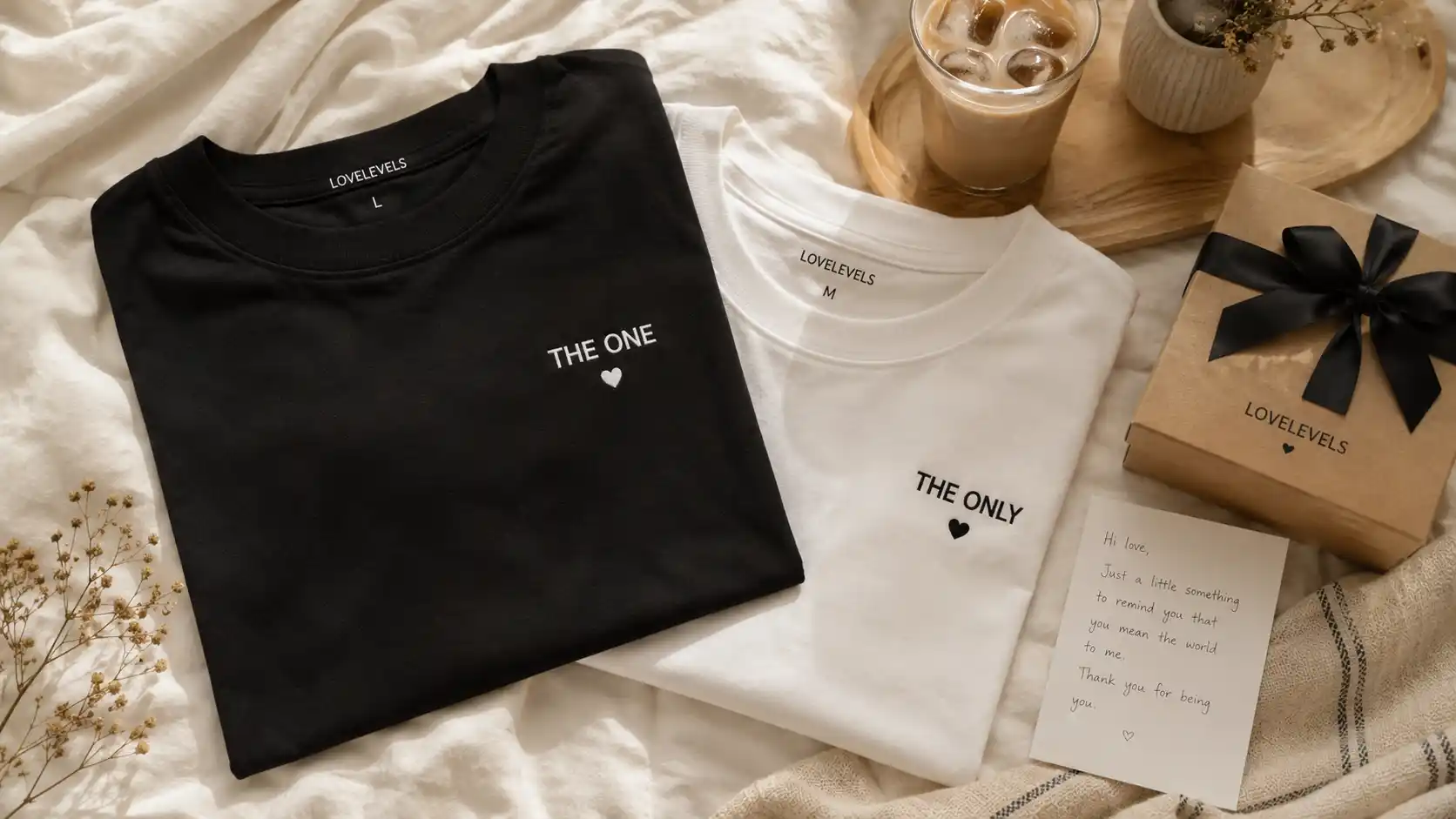Relationship shirts styled with thoughtful couple gift details