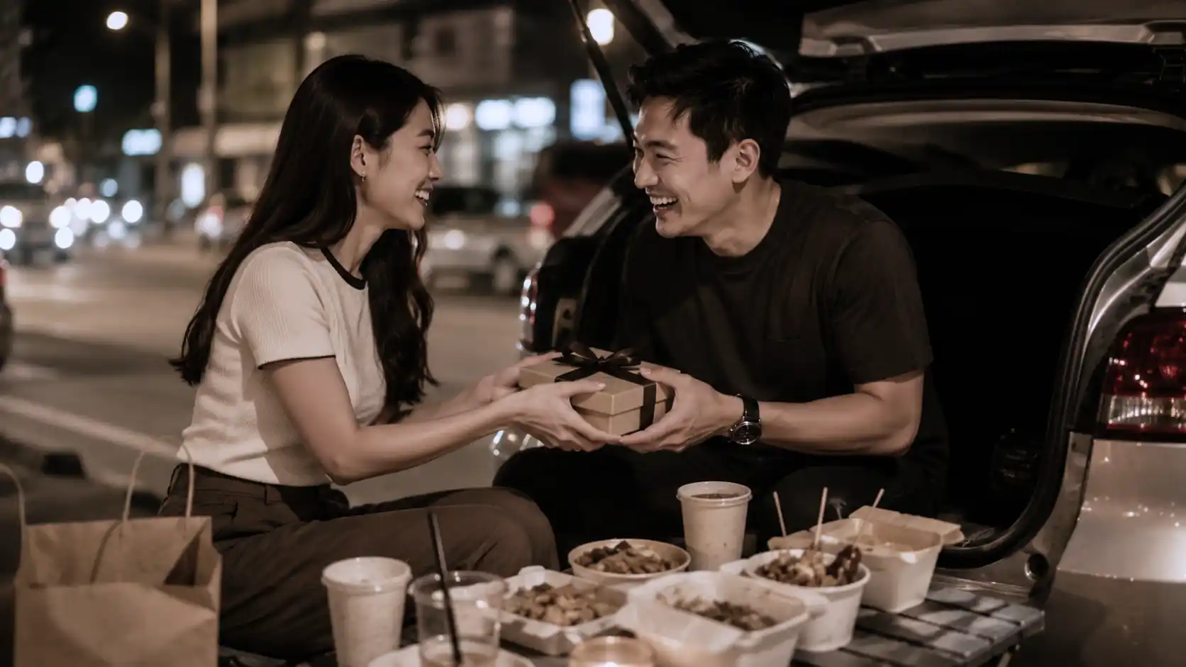 Fun romantic gift surprise for husband during a casual late-night city date