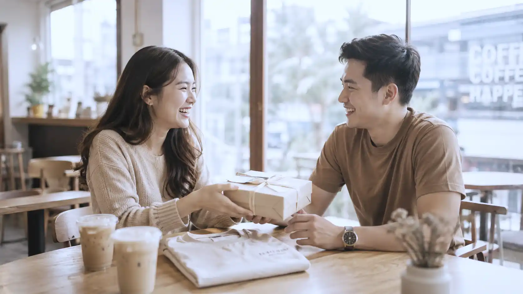 Funny gifts for boyfriend during a cozy café date with a playful romantic vibe