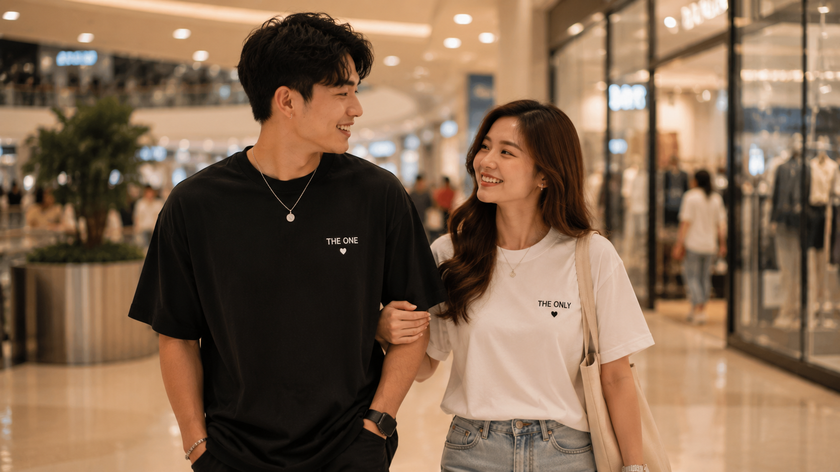 Matching relationship shirts during a relaxed city date night