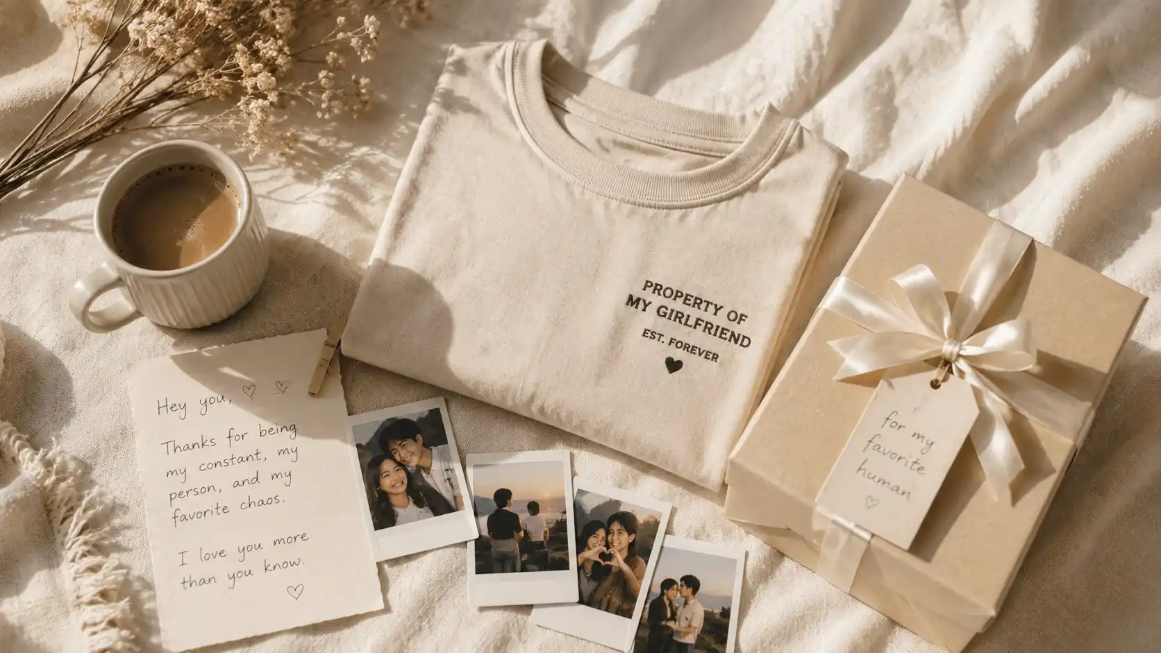Personalized boyfriend gift ideas styled in a warm minimalist flat lay setup