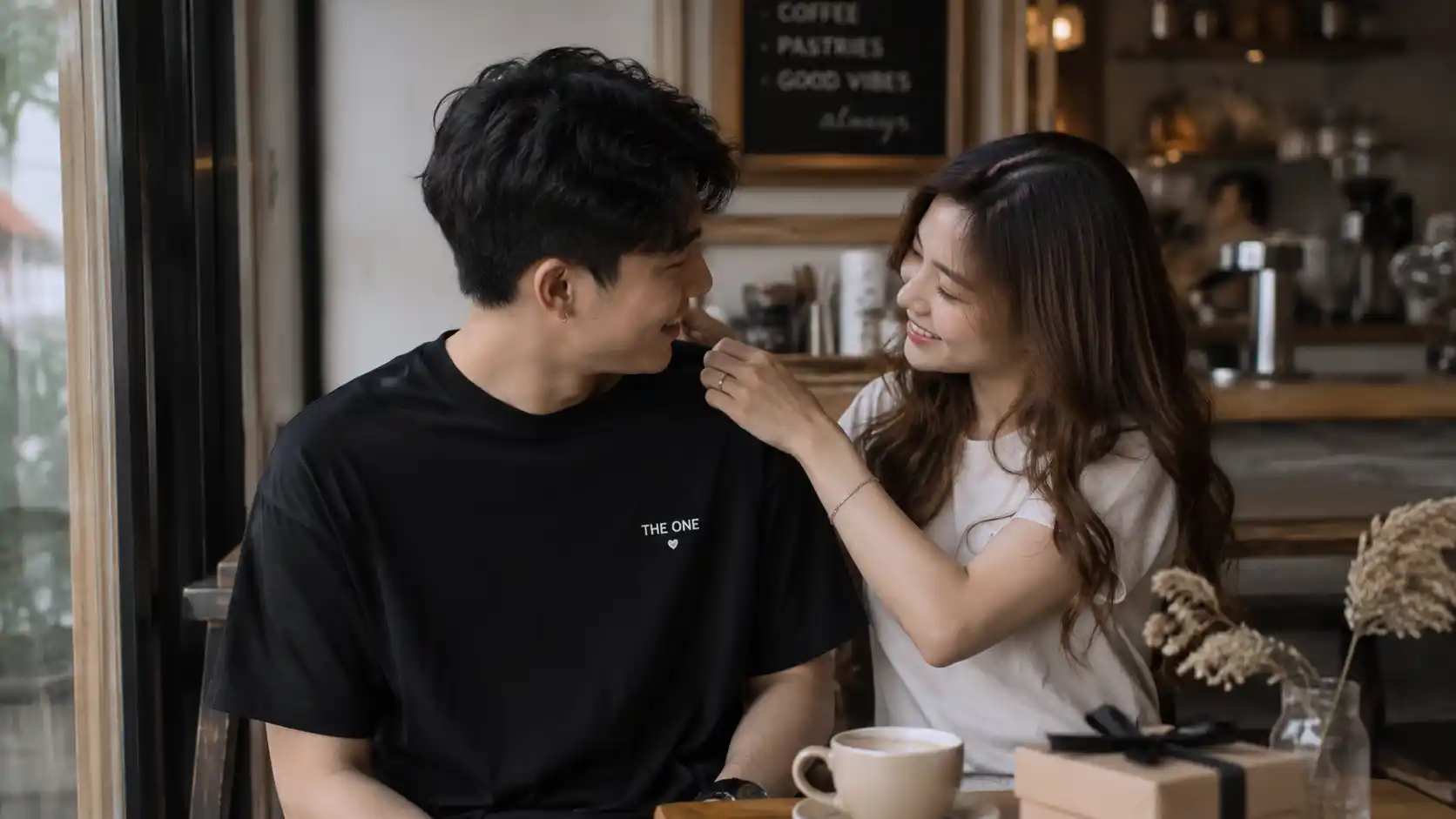 Cute relationship shirts during a cozy café date with a modern Filipino couple