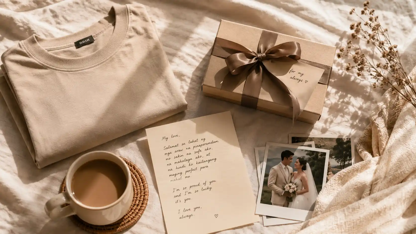 Romantic personalized husband gift ideas arranged in a warm minimalist flat lay setup